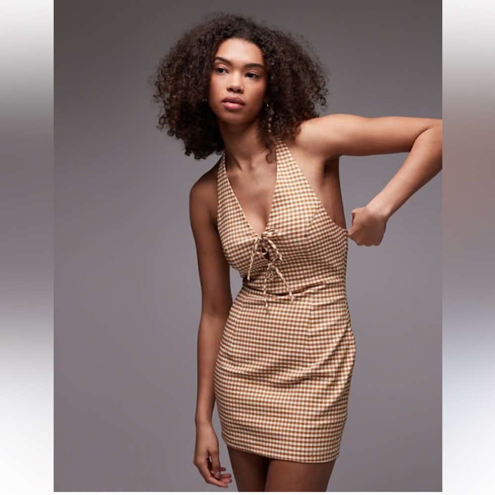Zara Beige Gingham Halter Mini Dress